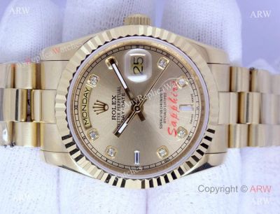 Copy Rolex Day-date Watch All Gold Diamond Marker Men Size 36mm